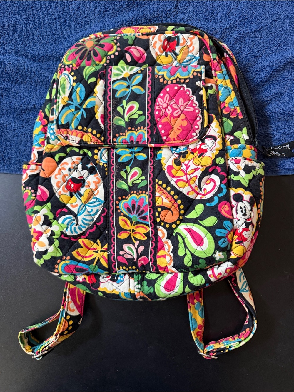 Vera Bradley Black Quilted Mini Backpack with Bright Floral Patchwork.Disney